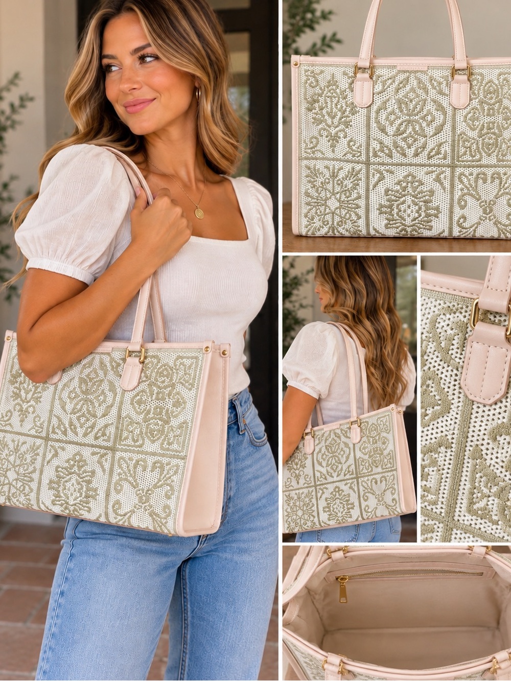 Woven Tile-Pattern Tote in Light Olive and Blush